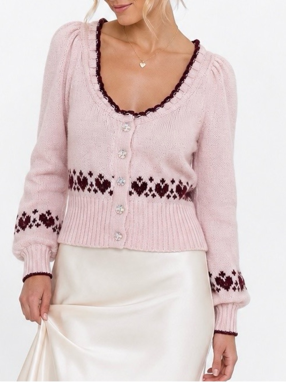 Kimchi Blue Pink Heart Cottagecore Ruffle Puff Sleeve Sparkle Button Cardigan XS